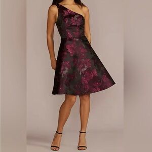 NWOT DB Studio One-Shoulder Black Dress with Magenta Floral Jacquard 18